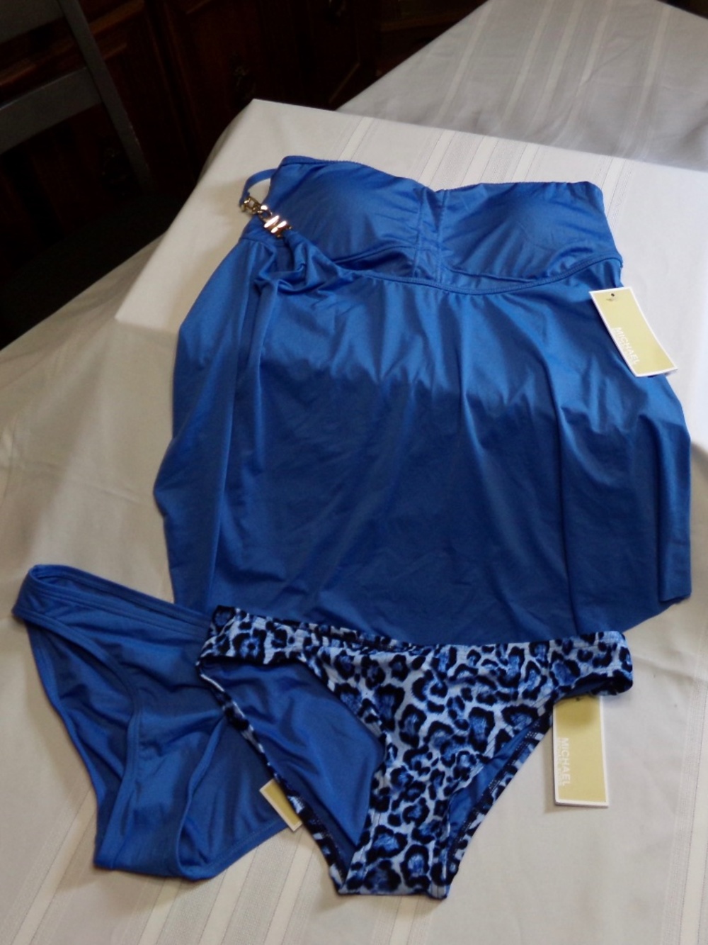 NWT Michael Michael Kors 3PC 464 Solid Tide Blue Top,Solid+Leopard Bottoms Sz.S
